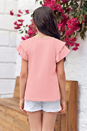 Girls Shirts Summer Cute Classic Fit Ruffle Sleeve Plain Cotton Crew Neck T-Shirt Tee Tops Blouse Pink #TOP3