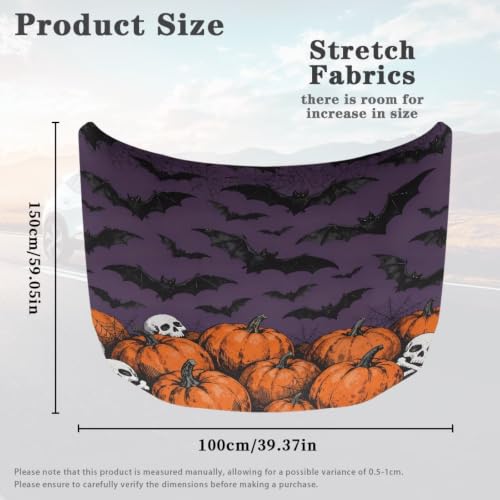 Image of Bat Skull Pumpkin Print Car Hood Cover Easy to Install Fabric Hood Cover Halloween Vehicles Decorate Engine Removable Automotive Accessories Personalized Suitable for Cars(59x39 Inch)