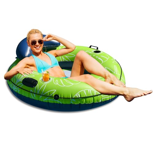 JOSEN River Floats for Adults Heavy Duty 350lb, XL River Tubes for Floating - 53' Large Pool Floats Adult with 2 Cup Holders, Inflatable Floating Tube, River Run Tube Lake Water Tubes | Green