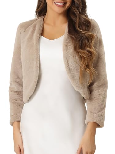 Allegra K Damen Langarm Kurze Jacke Kunstpelz Offen Front Crop Fell Hochzeits Braut Winterjacke Khaki S
