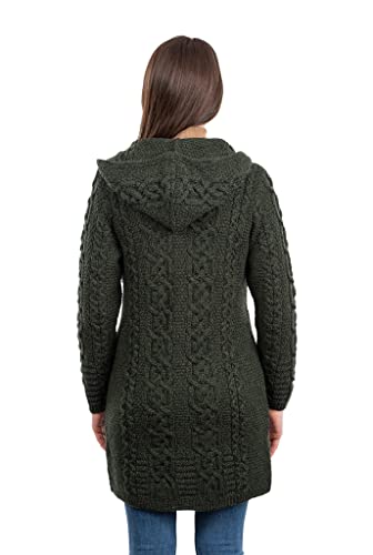 Image of SAOL 100% Merino Wool Aran Irish Cardigan for Women with Pockets, Hood and Celtic Zipper