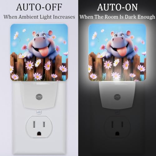 Image of NEWzone Hippo Daisies Night Light [2 Pack], Plug in Wall Led Night Lights Decor for Boys Girls Room, Dusk to Dawn Sensor Wall Lamp for Stairway /Bedroom /Kitchen /Nursery Room