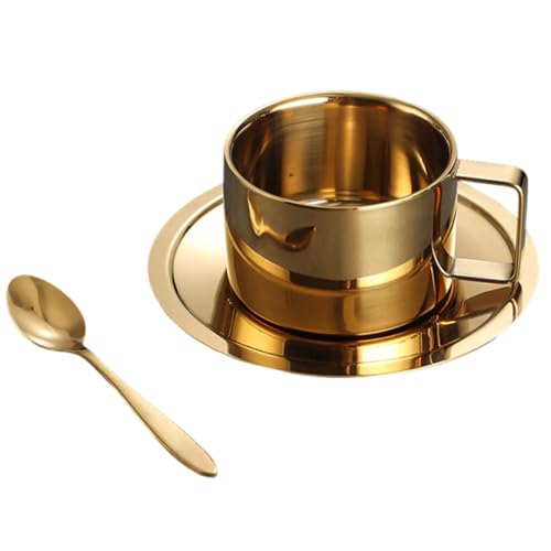 Juego de tazas de capuchino de acero inoxidable, tazas de café con platillo y cuchara, tazas de café aisladas de doble pared, perfectas para latte, capuchino y té, 200 ml