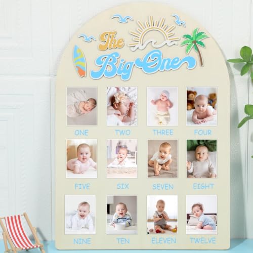 The Big One Photo Board Surf Birthday Party Decorations Wooden Board 12 Monthly Milestone Picture Frame One Year Old 1st Birthday Banner for Baby Keepsake Gift Summer Beach Supplies (Fit 2x2.8in Pic)