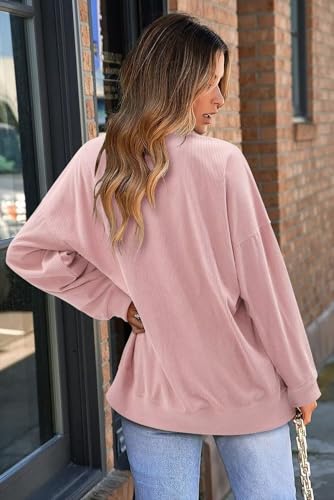 KISSMODA Womens Casual Long Sleeve Sweatshirts Color Block/Solid Tops Corduroy Crewneck Tunic Pullover with Pockets