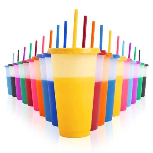 EXITOGLOBAL 19pcs 24oz Color Changing Cups with Lids and Straws Color Changing Tumbler Reusable Cups with Lids in Multicolors Perfect for Cold Drinks Cold Coffee Smoothie etc