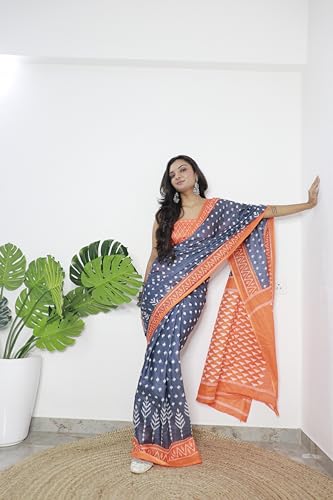 Image of RADHA LAKSHMI Pure Soft Cotton Ikkat Hand Print Women's Saree with Blouse Piece, Grey Dhumketu
