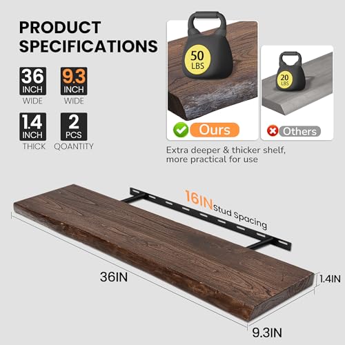 Image of Floating Shelves for Wall, 36 inchx9.3 inch Rustic Solid Live-Edge Elm Wood Wall Shelves, Heavy-Duty Floating Shelves with Invisible Brackets, Set of 2 for Living Room, Bedroom, and Kitchen, Walnut Finish