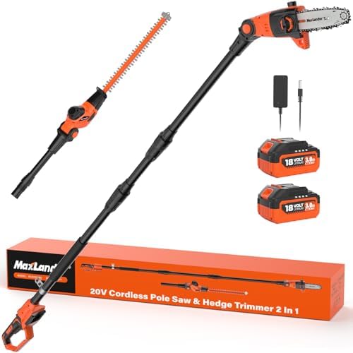MAXLANDER Podadora y cortasetos, batería eléctrica telescópica, 4,5 m de alcance máximo con barra de extensión, longitud de corte de 45 cm, cortasetos, 20 cm de longitud de corte, motosierra con 2