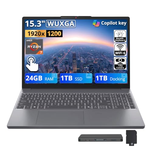 Image of Lenovo IdeaPad Slim 3 15.3 inch WUXGA Touchscreen Laptop, AMD Ryzen 7 8840HS, 24GB DDR5 RAM, 2TB Storage (1TB SSD + 1TB Docking Station), Backlit Keyboard, Numeric Keypad, Windows 11, Luna Gray