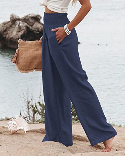 Palazzo Pants for Women Cotton Linen Wide Leg Pants Summer High Waist Lounge Pant Flowy Vacation Beach Pants Trousers4