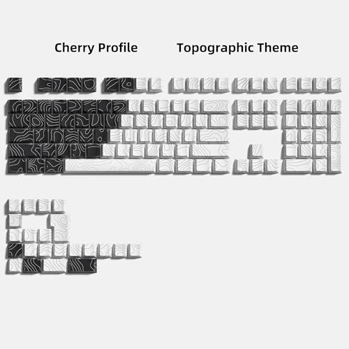 Image of double shot PBT keycaps,black and white,Topographic keycaps,lines backlit,Shine Through keycap,Side Printed keycap,dye sublimation,Cherry Profile keyboard caps for TKL US Layout Mechanical Keyboard