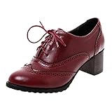 Women's Leather Vintage Oxfords Brogues Lace up Chunky Stacked Mid Heel Pumps Round Toe Dress Shoes 4 Wine Red 41