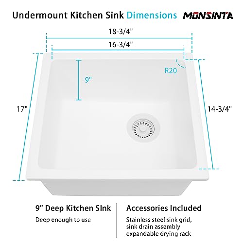 Image of White Bar Sink,White Granite Composite Kitchen Sink With Accessories,19 Inch Undermount Quartz Stone Kitchen Sinks, 19 inch x 17 inch x 9 Small Kitchen Sink with Offset Drain