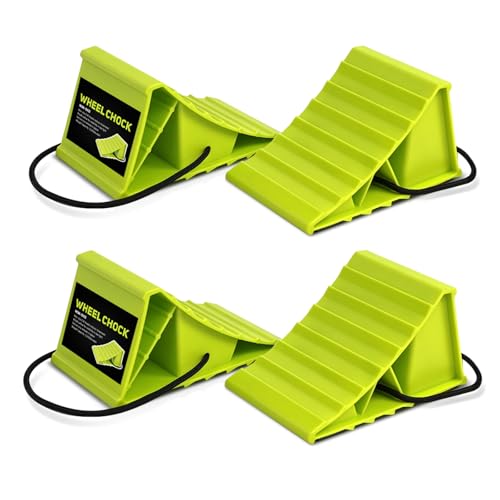 Image of HOXWELL 2 Pair Wheel Chocks for Travel Trailers, Non Slip Heavy Duty Green Wheel Chock with Rope, Lightweight Wheel Stoppers for Cars Campers Trucks RVs, Easy to Carry & Suitable for Most Tyre Sizes