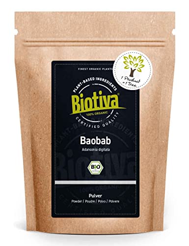 Biotiva Poudre de baobab bio 100g - Baobab bio de'excellente qualité bio - Arbre pharmacien - Arbre de vie - Adansonia - Conditionné en Allemagne (DE-ÖKO-005) - Végan