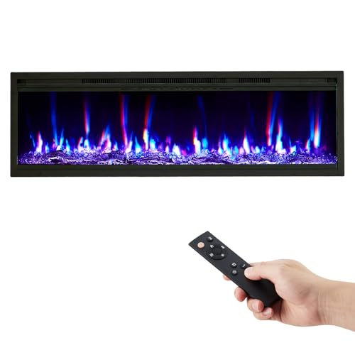 GarveeHome 68 in Electric Fireplace Wall Mounted/Recessed with Remote Control, 4.2 in Ultra-Thin Linear Fireplace Heater 750W/1500W with Timer, 12-Color Flames, Log & Crystal Options
