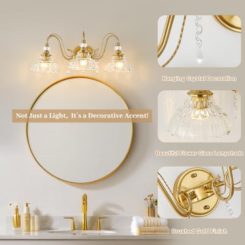 Image of Vintage Bathroom Vanity Light, 3-Light Brushed Gold Finish Wall Sconce with Hanging Crystal Accents and Flower-Shaped Clear Glass Shades, Retro Wall Mount Vanity Light Over Mirror for Bathroom