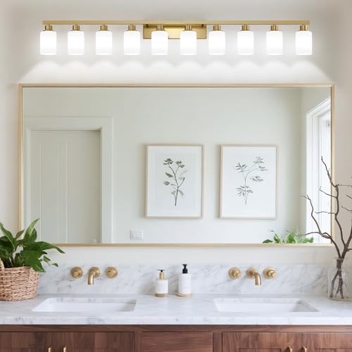 Image of Gold Vanity Light 10-Light Brushed Gold Bathroom Light Fixture 64in | White Frosted Ribbed Glass Shade Bathroom Lights over Mirror Modern Wall Lamp Sconces for Mirror Bedroom Hallway E26 Base