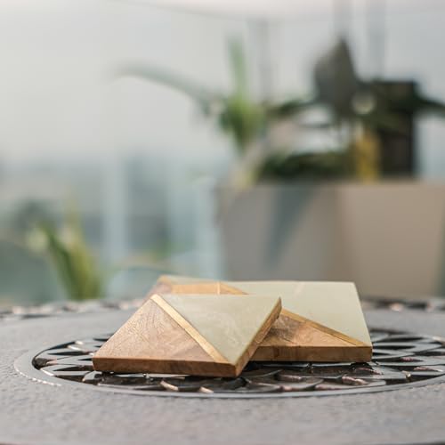Image of iIreka Home Earth's Edge Coaster Set (Set of 4) - Mango Wood & Mint Resin with Gold Partition, Calm Sophistication - Coffee Table Decor, Modern Cup Coaster for Kitchen, Tea, Coffee Mugs & Glasses