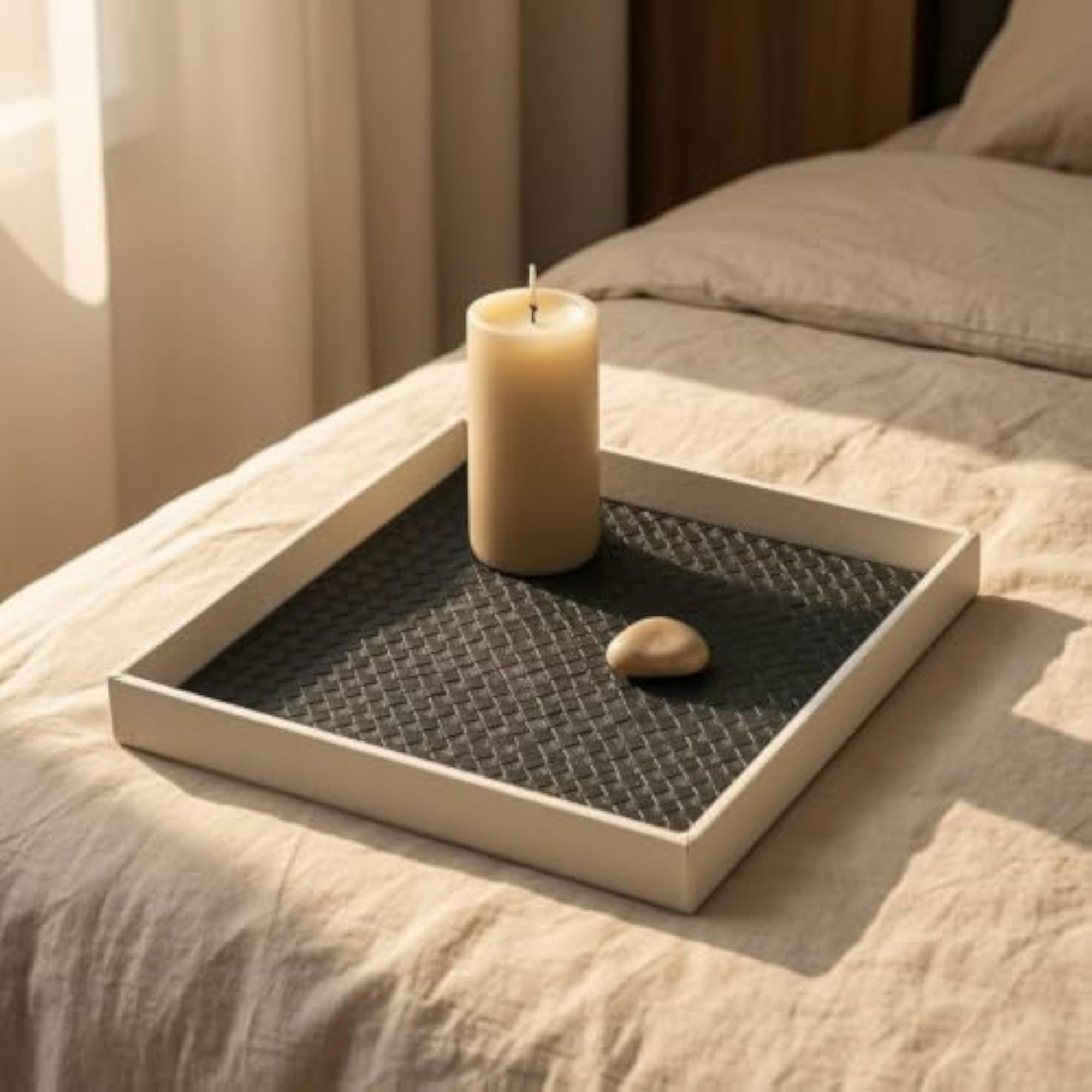 Leather-Look Decorative Tray with Woven Pattern