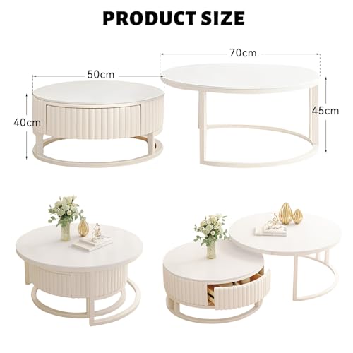 GonTzolkin Runder Couchtisch Weiß 2er Set Moderne Wohnzimmertisch Rund Marmor Couchtisch Mit Stauraum Holz Beistelltisch Weiss Metallrahmen Satztische Fürs Wohnzimmer Schlafzimmer Büro – Bild 3