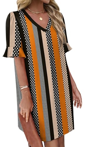 Image of OFEEFAN Summer Dresses for Women Ruffle Short Sleeve V Neck Casual Shift Dress with Pockets