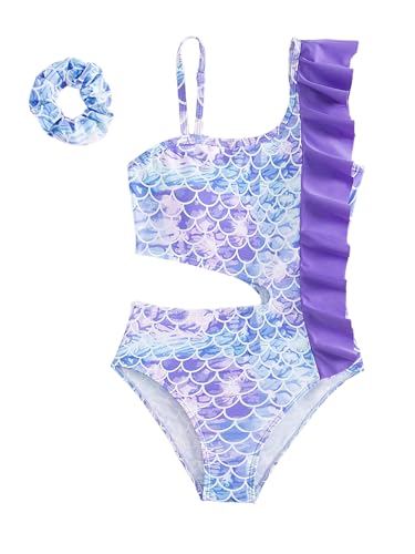 Floerns Girl's One Piece Swimsuit Fish Scale Print Ruffle Trim Cut Out Beachwear Purple Multi 10Y