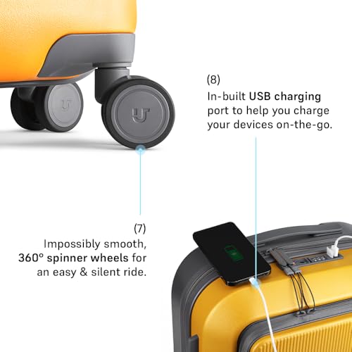 Image of Urban Jungle by Safari, Cabin Trolley Bag with Laptop Compartment, Hardside Polycarbonate Small (55 Cm) Suitcase with USB Charging Socket, 8 Silent Wheel Luggage for Both Men & Women (Yellow)