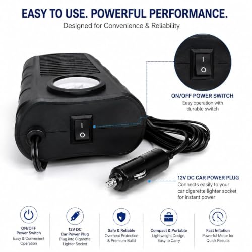 Image of Portable Analog Car Air Pump with Pressure Gauge, 12V DC Power, Flexible Hose, Black (B1)