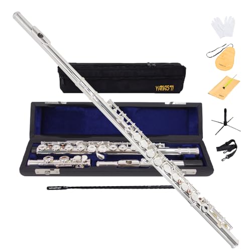 Image of YANASON C Flute Closed Hole 16 Keys Flute Silver-plated for Beginner, Adults,Student with Leather case, Metal stand, Gloves, Tuning Rod, Cleaning kit(16 Silver)