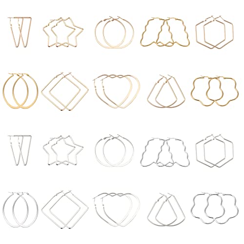 Beadthoven - Lot de 40 boucles d'oreilles créoles - 10 styles d'étoiles carrées rectangulaires - Pour la fabrication de bijoux - Doré et argenté