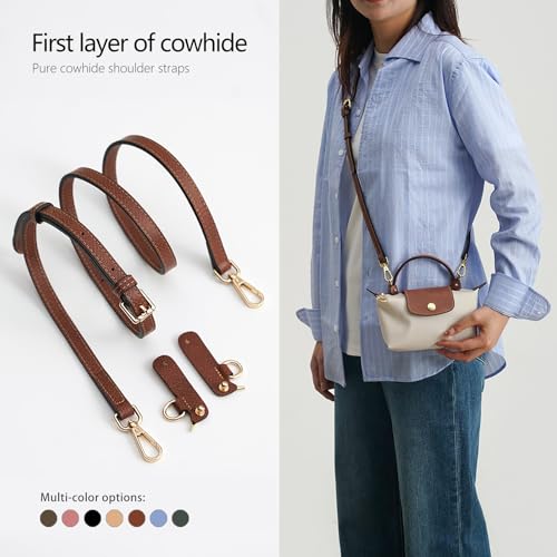 Image of Top-Grain Leather Strap for LongChamp Mini Pouch, Upgraded Buckles Mini Bag Adjustable Crossbody Shoulder Straps Conversion Kit Replacement (Brown, XS)