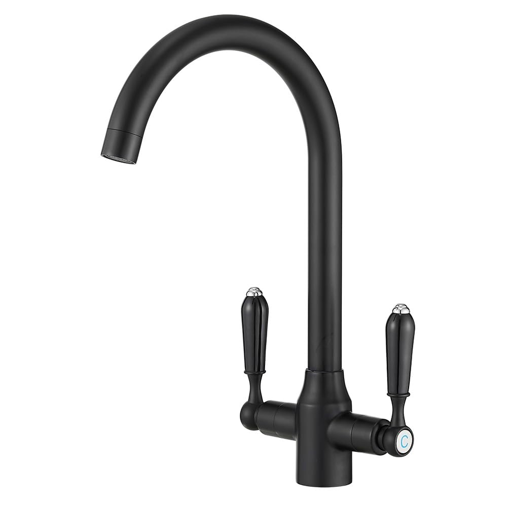 Heable Black Kitchen Sink Mixer Tap with Ceramic Dual Lever Monobloc Victorian Style Kitchen Taps 1 Hole Elegant Swivel Mono Traditional Sink Faucet with Flexible Hoses