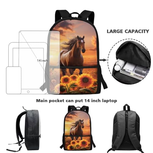 TOADDITDO Horse Girls Backpack with Lunch Box and Pencil Case Sunflower Middle School School Bag Large Capacity Travel Shoulder Bags Laptop Backpacks Daypack Back Packs Mochilas Escolares Para NiñOs4