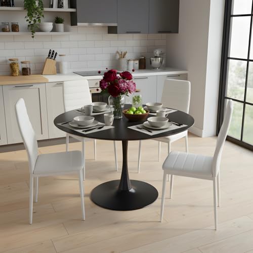 GOKHOMX   Juego de mesa de comedor redonda de 110 cm con 4 sillas, conjunto de mesa y sillas de comedor de piel sintética blanca, para cocina, comedor, salón, oficina y restaurante (negro + blanco)