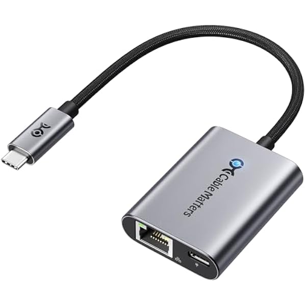 Cable Matters adapter USB-C do Ethernet Gigabit z ładowaniem 140W PD, USB-C na RJ45 LAN, kompatybilny z MacBook Pro, Dell XPS, Surface, Chromecast z Google TV (2020+) do 480Mb/s