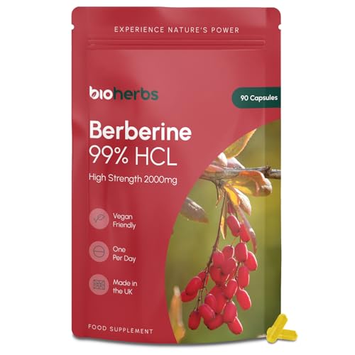 Berberine HCL Supplement High Strength – 2000mg 99% HCL by BioHerbs | 90 One-Per-Day Capsules (3-Month Supply)