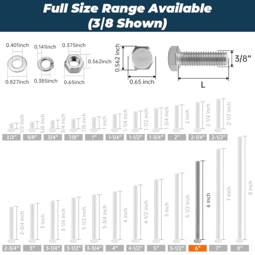 Image of 6 Sets Glvaner 3 /8-16 x 6 Stainless Steel Hex Head Screws Bolts, Nuts, Flat & Lock Washers, 18-8 (304) Stainless Steel, Full Thread, Coarse Thread