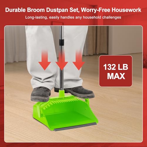 Image of Tiumso Upgrade Broom with Dustpan Combo Set, Broom and Dustpan Set with 51'' Long Handle, Large Upright Brooms and Dust Pans, ZeroGap Lip, Self-Cleaning Teeth for Lobby and Restaurant - Light Green