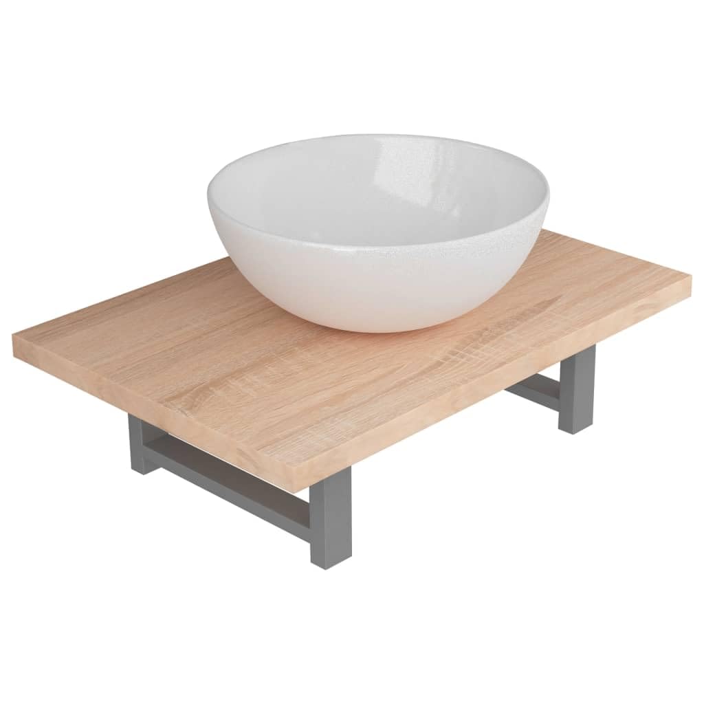 Set Mobile Bagno 2 Pz Mensola Rovere e Lavabo Ceramica | Soluzione salvaspazio per toilette e bagno con mensola da parete sospesa e lavandino d'appoggio rotondo.