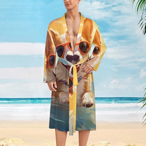 Cute Corgi Swimming in Water Mens Bath Robe Lightweight Soft Bathrobe Knee Length Spa Sleepwear2