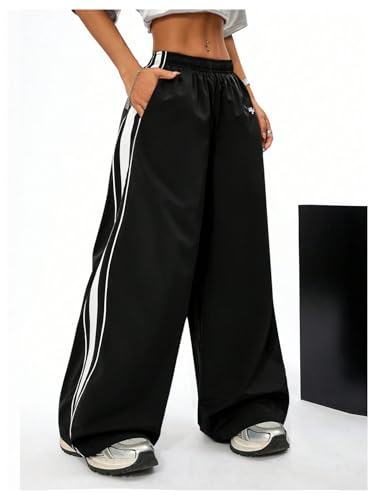 Floerns Women's Elastic Waist Side Striped Track Pants Baggy Wide Leg Hip Hop Pants2
