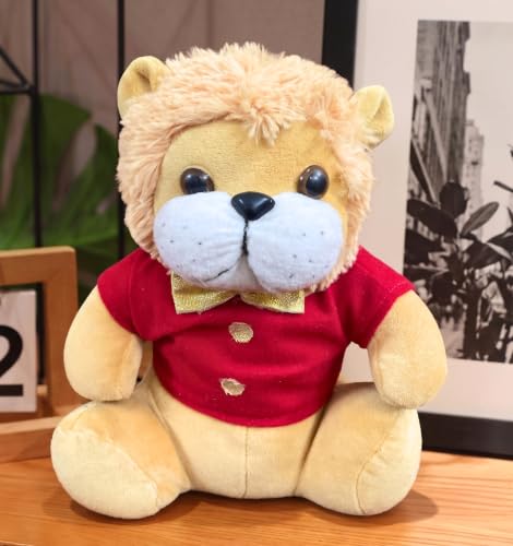 Image of Tickles Cute Sitting Lion Wearing Shirt Soft Stuffed Plush Animal Toy for Kids Boys & Girls Birthday Gift (Size: 25 cm Color: Brown & Red)