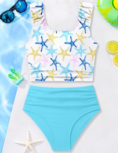 Image of Girls Tankini Swimsuit 2 Piece Bathing Suit Twist Cross Back Cutout Swim Tank Top Floral Print Swimwear for 7-18Y