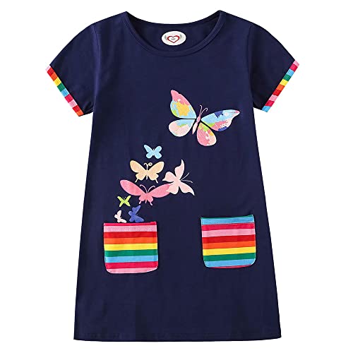 Mädchen Sommerkleid Schmetterling Druck Kurzarm Baumwolle Blumendruck T-Shirt Kleid Lässige Kinderkleidung Für Mädchen Größe 98-128. (as3, Numeric_Height, Numeric_116, NCS5826Navy, 110-116)