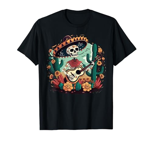 Cinco De Mayo Esqueleto Mexicano Con Guitarra Flores Cactus Camiseta