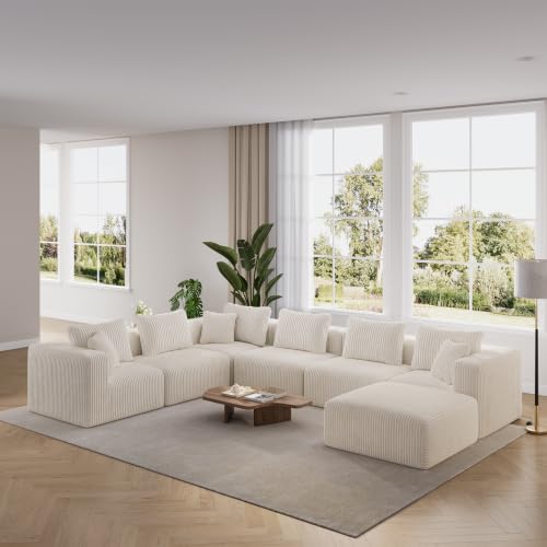 Image of Novilla 141 inch Modular Sectional Sofa, U Shape Sectional Couch, Modern Cloud Design with Smarts Coil Support, Boneless Couch for Large Living Room Apartment, No Assembly, Beige