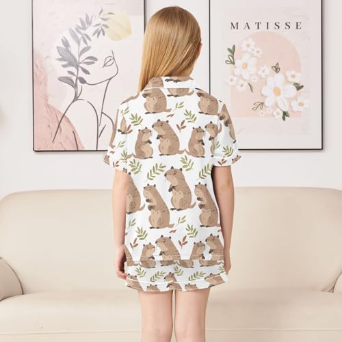 ALAZA Cute Capybara Leaf Animal Satin Pajamas Set Short Sleeve Button Down Sleepwear Summer Pjs 2 Piece4