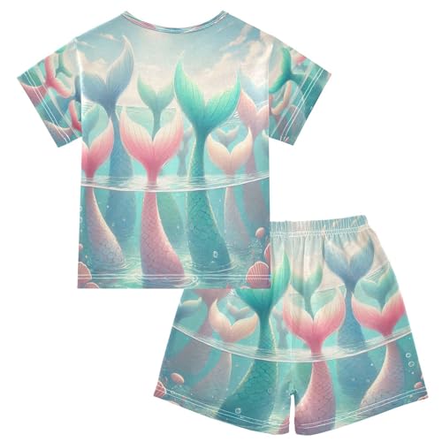 Mermaid Sea Pajama Set Short Sleeve Summer Pajamas Sleepwear Nightwear Set Cotton 5Y2